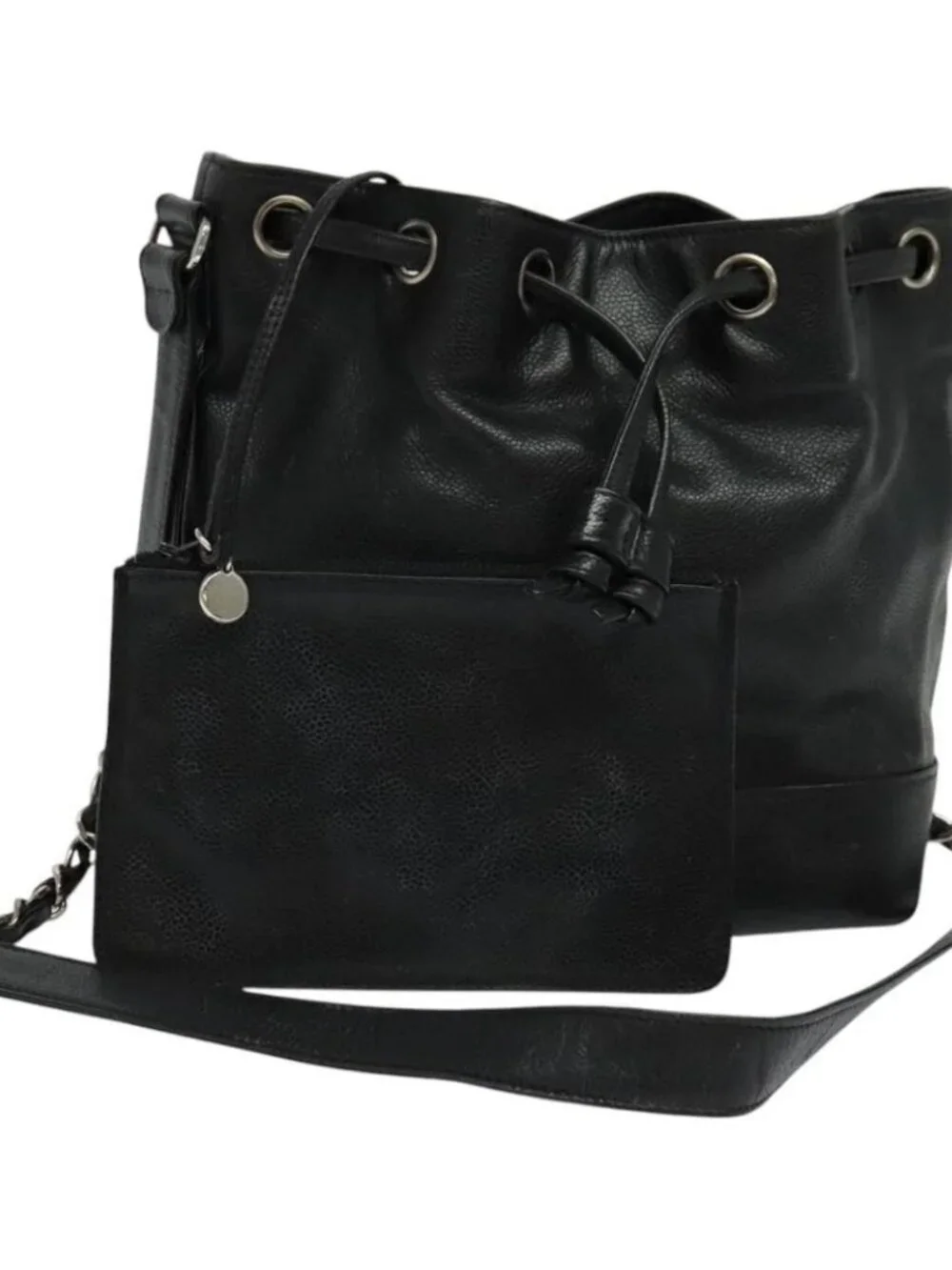 CHANEL Shoulder Bag Grained Calf Skin Black Silver CC Auth BA125